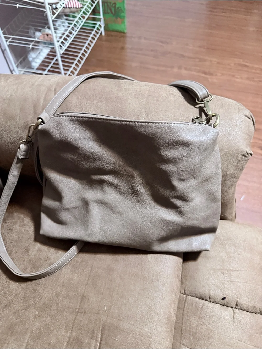 Classic Beige Leather Shoulder Bag with Tan Strap